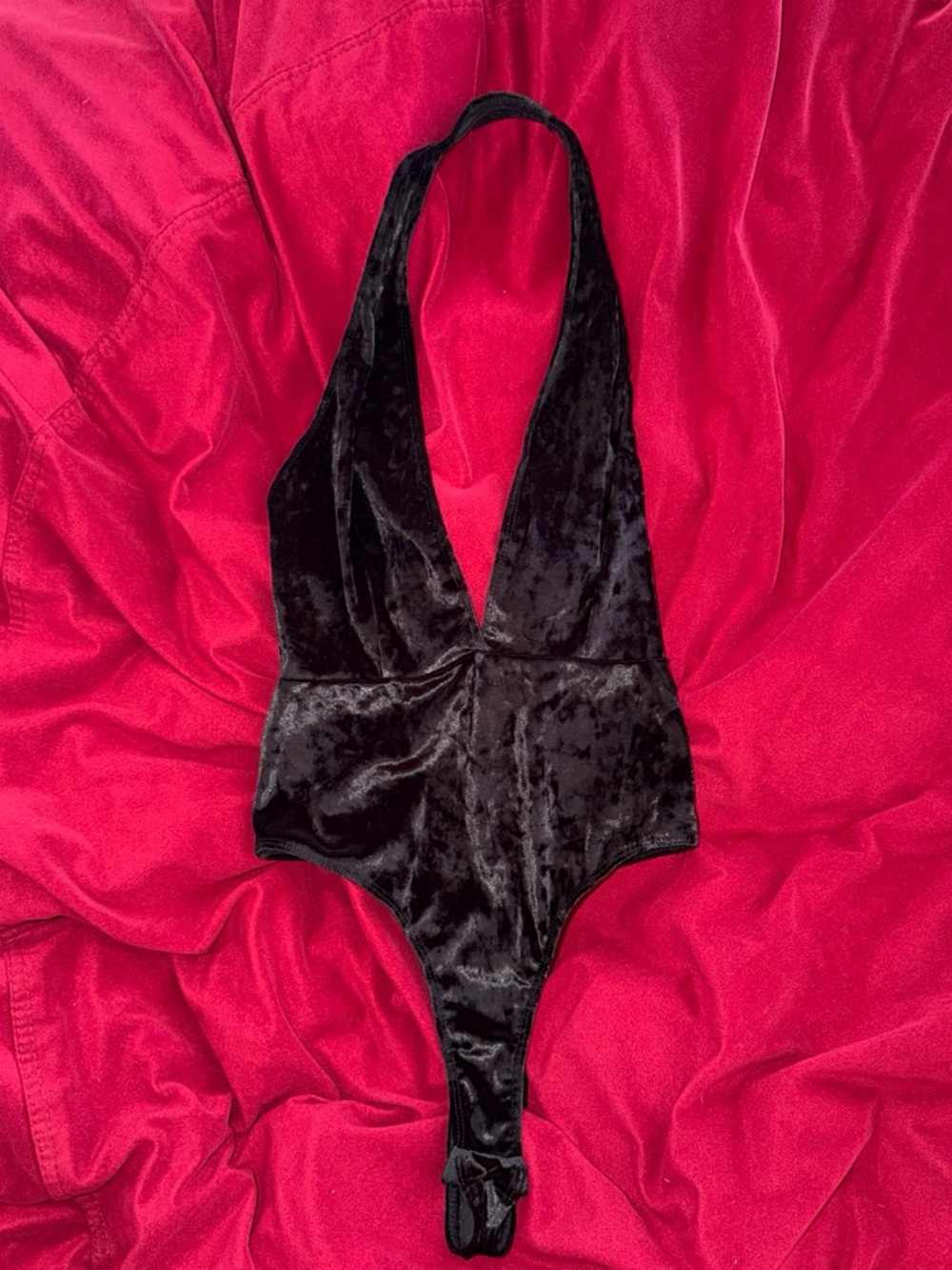 Black Velvet Plunge Halter Bodysuit - Women Intimates